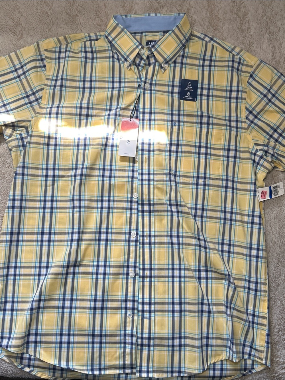 Izod Yellow Plaid Short Sleeve Button-Down Shirt with Blue Accents